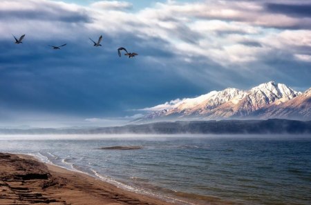 Snowy Peaks - landscape, sunrise, sand, lakes