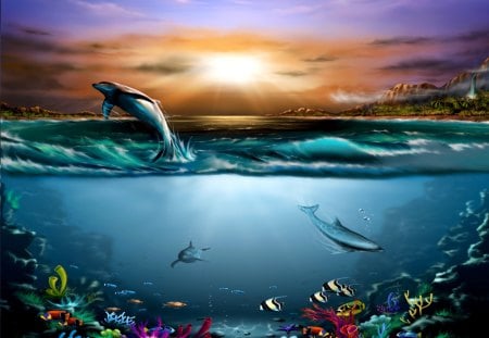 DOLPHINS PARADISE - sea, paradise, dolphins, art