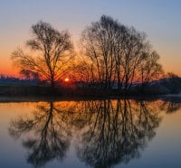 When the sun hides behind the trees on the lake