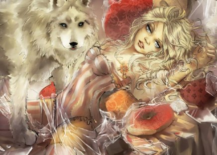 Goldielocks And Wolf - wolf, abstract, girl, animal, fantasy