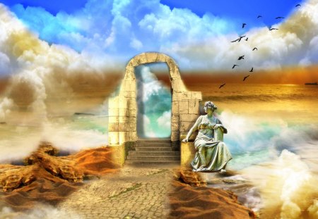 âœ¼.Passage of the Kingdom.âœ¼ - sky, statue, sidewalk, passage, flying birds, creative pre-made, nature, arch, love four seasons, cool, clouds, backgrounds, beautiful, colors, kingdom