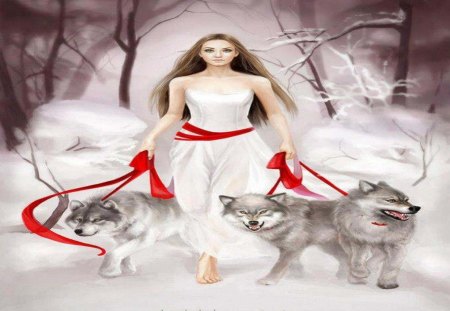 Beauty Walks - abstract, fantasy, woman, snow, animals, wolves