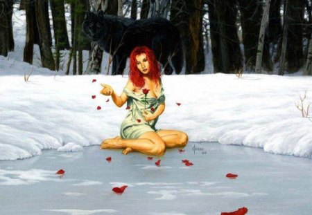 Broken - abstract, trees, fantasy, animal, woman, wolf, snow