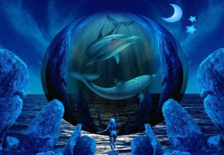 Dolphin World - moon, abstract, animal, fantasy, dolphin