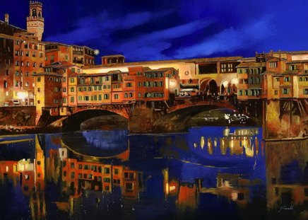 Notturno Fiorentino - summer, fiorentina, beautiful, nature, water, evening, night, darkness, blue, art, lake, sky, reflection, nice, lovely, romantic, painting