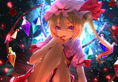 Thirst for Blood - blood, anime, female, wing, blonde, blond hair, gloomy, evil, dark, scary, short hair, gloom, touhou, blond, scare, anime girl, hot, girl, blonde hair, darkness, sinister, wings, fairy, cute, remilia scarlet, sexy