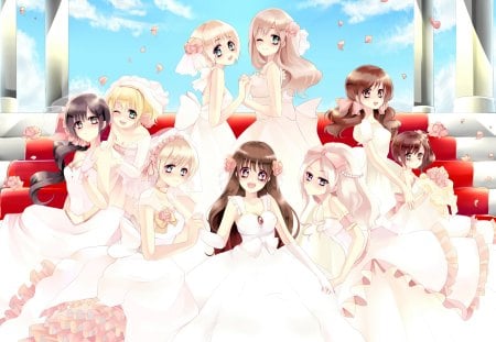 Hetalia Brides - gown, friend, flower, wedding, cute, happy, joy, wed, hot, anime girl, girl, elegant, gorgeous, stair, floral, cloud, short hair, veil, anime, bride, team, dress, sky, hetalia, long hair, petals, divine, staircase, group, sexy, smile, female