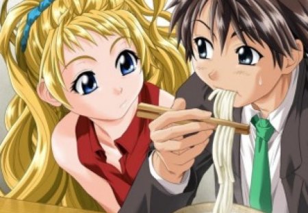 Honey ... Can I have some ... Looks Good - anime, female, food, blonde, guy, blond hair, long hair, boy, male, short hair, noodle, eat, blond, anime girl, hot, girl, blonde hair, brown hair, cool, love, handsome, eating, cute, chopsticks, lover, sexy, couple