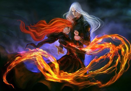 Evil Pair - anime, female, bad, team, pair, gloomy, evil, long hair, white hair, dark, boy, male, red hair, gloom, fire, anime girl, girl, flame, darkness, redhead, sinister, couple, blaze