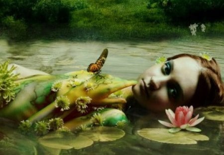 Magical Pond - girl, blooms, lillies, water