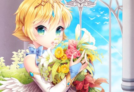 Lil' Angel - female, angel, tiara, wings, blond, anime girl, bouquet, crown, blond hair, blonde hair, anime, feather, cute, short hair, girl, royalty, kawaii, green eyes, floral, wing, flower, blonde