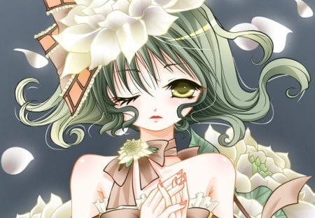 Wink - pretty, anime, elegant, divine, female, maiden, dress, wink, green hair, long hair, sublime, gorgeous, hd, nice, yellow eyes, gown, anime girl, hot, llow eyes, girl, lovely, sweet, flower, petals, lady, green, cute, floral, sexy