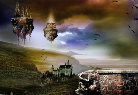 âœ¼.Flying Castles.âœ¼ - sky, flying birds, castles, creative pre-made, nature, beautiful, clouds, backgrounds, colors, landscapes