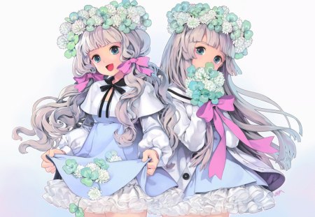 Clover Twins - pretty, anime, kawaii, female, dress, long hair, nice, gown, anime girl, girl, lovely, sweet, flower, twins, sister, cute, floral, clover