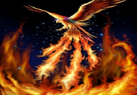 Rise of the Phoenix - bird, wing, phoenix, flame, light, darkness, aime, dark, creature, glow, fantasy, fire, wings, sparks, blaze