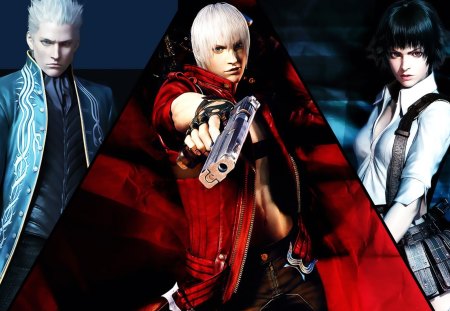 Devil May Cry III - dmc, dante, game, gun, white hair, cg, devil may cry, lady, vergil, black hair, games, trio, video games, video game, blue eyes