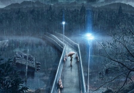 In a rainy night... - anime, water, blue, girl, drops, night, light, tree, umbrella, rain, bridge