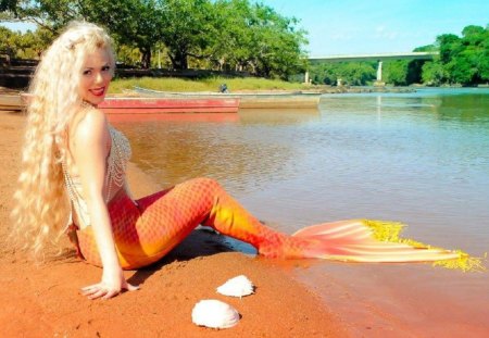 Beautiful mermaid - tail, trees, photography, shells, model, suit, river, beautiful, mermaid, smile, blonde