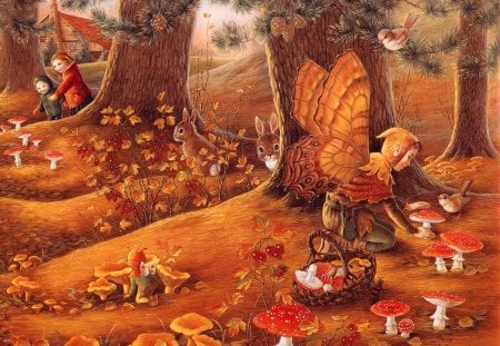 Fairytale Forest - red, forest, fairies, abstract, rabbit, fantasy, trees, birds, kids, autumn