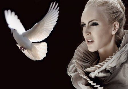 Woman with a Dove - birds, people, woman, dove, model, blonde