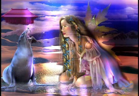 âœ¼.Angel with Love Seal.âœ¼ - photomanipulation, girls, sky, models, female, wings, fantasy, creative pre-made, pretty, digital art, clouds, angels, waterscapes, birds, attractions in dreams, light, lovely, glow, love four seasons, beautiful, sweet, seal