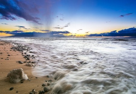 Beach Closeup - clouds, water, blue, beach, ocean, tide, sand, stones, white, nature, sky, rocks