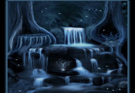 ENCHANTED WATERFALLS - FOREST, ENCHANTED, WATERFALLS, NIGHT, BLUE