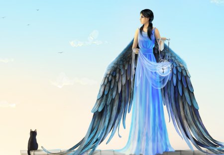 Keeper Of The Moon - moon, fantasy, woman, wings, angel, cat