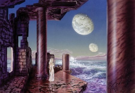 RHIANNON - moon, ocean, ruins, female, waves