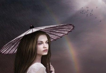 BEAUTIFUL RAINBOW - rainbow, sky, parasol, female, clouds, rain, beautiful, birds