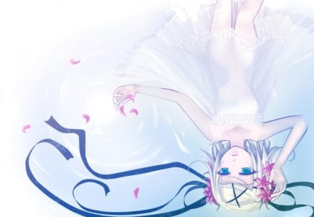 Rin Upside Down - pretty, petals, upside down, flowers, vocaloid, anime, dress, rin kagamine