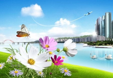 Urban scenery - skies, flowers, city, urban