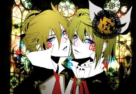 The Vocaloid Twins - windows, glass, blue eyes, twins, vocaloid, rin and len kagamine, anime, flower, blonde