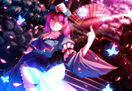 Night at the Shrine - saigyouji yuyuko, anime, dress, night, dark, short hair, staircase, shrine, touhou, sparks, pink hair, anime girl, girl, fan, glow, butterfly, stair