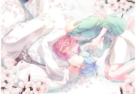 Uta no Prince sama - sleeping, lover, female, anime girl, uta no prince sama, petals, anime, sakura blossom, cute, male, love, nanami haruka, mikaze ai, girl, couple, sleep, sakura, floral, boy, blossom, hansome, guy, flower