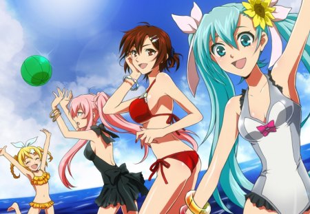 Fun In The Sun!!! - girls, hatsune miku, ocean, sky, water, meiko, summer, ball, rin kagamine, vocaloid, megurine luka, anime, friends, sea