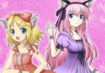 ~Megurine & Rin~ - megurine luka, short hair, vocaloid, blonde, anime, pink hair, friends, cat ears, bows, colorful, rin kagamine