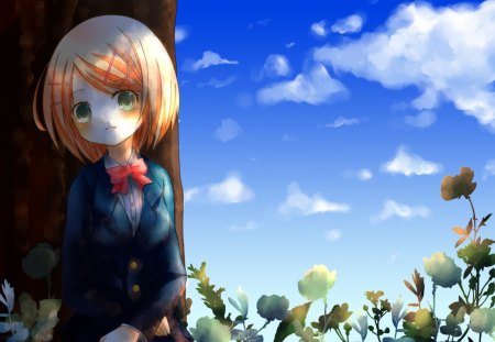 ~A Lovely Day~ - short hair, vocaloid, blonde, anime, sky, plants, clouds, tree, rin kagamine