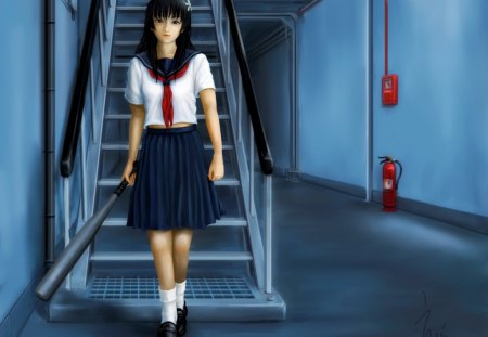 Saten Ruiko - anime, female, long hair, uniform, staircase, hd, anime girl, bat, realistic, hot, girl, baseball bat, cg, school uniform, black hair, cute, stair, 3d, sexy