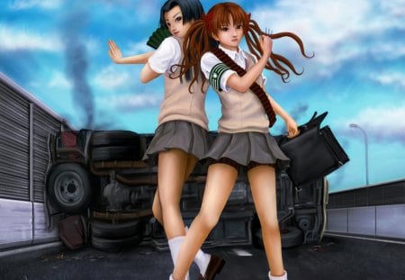 Fighting Pair - cute, hot, anime girl, girl, uniform, 3d, brown hair, anime, hd, twintails, school uniform, cg, long hair, skirt, sexy, female, realistic