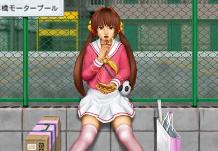 Want Some - realistic, female, delicious, anime girl, brown hair, anime, blouse, food, cute, skirt, fence, girl, twintails, long hair, hungry, cg, hd, eat, eating, 3d