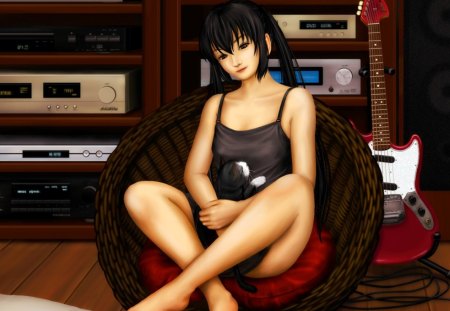 Nakano Azusa - anime, female, long hair, guitar, superstar, kitten, hd, idol, anime girl, realistic, twintails, hot, singer, girl, cat, cg, k on, diva, black hair, cute, 3d, sexy, kitty