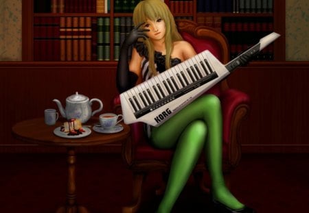 Kotobuki Tsumugi - anime, shelf, book, blonde, blond hair, long hair, tea pot, feemale, blond, hd, cake, anime girl, realistic, hot, girl, table, blonde hair, cg, cute, 3d, sexy, cup