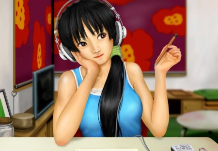 Akiyama Mio - anime, handphone, female, long hair, headphones, hd, tv, television, anime girl, realistic, mobile, hot, girl, cg, black hair, cute, 3d, paper, sexy