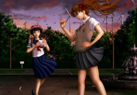 Don't Mess with Me or Else - anime girl, girl, uniform, 3d, breeze, wind, windy, brown hair, anime, hd, night, mad, twintails, school uniform, cg, long hair, angry, female, realistic