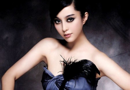 Fan Bingbing - woman, beauty, fan bingbing, actress, girl, black, asian, model, blue, feather, dress