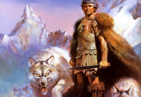 Great Warrior - man, mountains, painting, wolves