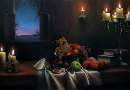 Still life - nice, sky, candles, darkness, still life, painting, art, dark, pretty, table, apple, fruits, roon, lovely, beautiful, grape, flowers, lights