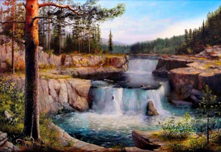 Siberian waterfall - nice, sky, water, waterfall, rocks, calm, painting, beauitiful, art, quiet, fall, pretty, tree, falling, lovely, serenity, stones, siberian