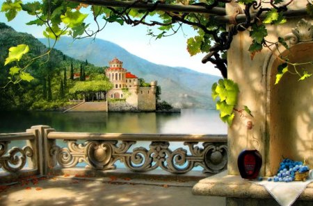 Italian noon - nice, sky, petty, water, wine, calm, italian, painting, art, quiet, reflection, castle, river, clouds, afternoon, bridge, lake, mountain, lovely, noon, serenity, nature, beautiful, island, grape